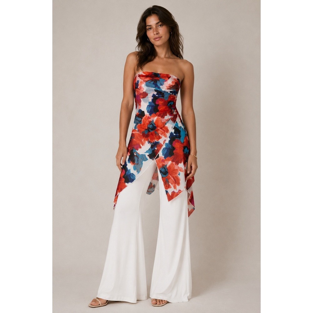 Joseph Ribkoff Floral Strapless‎ Jumpsuit Womens 4 Wide Leg Overlay Dressy